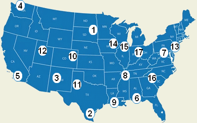 US map with hub city locations